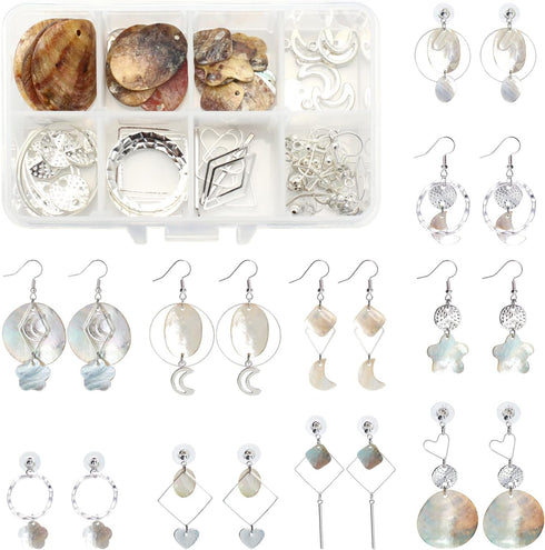 SUNNYCLUE 1 Box DIY 10 Pairs Natural Shell Earrings Making Kit Include Flower Oval Rhombus Shell Charms Pendants & Metal Hollow Links Jewelry Acce...