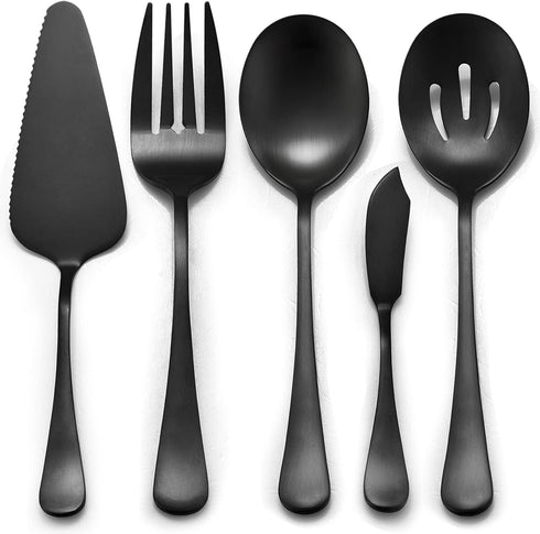 LIANYU 5-Piece Matte Black Serving Utensils Set, Stainless Steel Serving Set Include Serving Spoon Fork, Flatware Serving Pieces for Buffet Cateri...