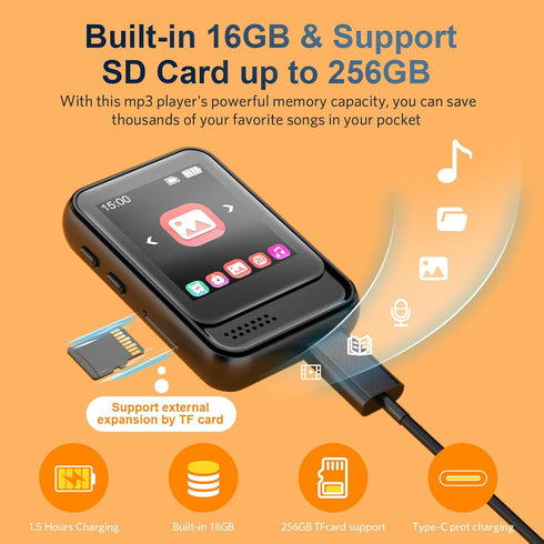 MP3 Player with Bluetooth,16GB Portable Music Player with Speaker and Micro SD Card Slot MP3 MP4 Player with FM Radio,Voice Recording,Earphone, fo...