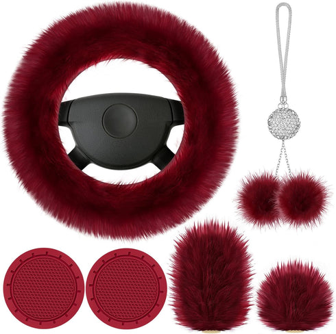 Frienda 6 Pieces Fluffy Car Accessories Set Fluffy Steering Wheel Cover Soft Fuzz Handbrake Cover Gear Shift Cover Bling Car Mirror Fuzz Car Decor...