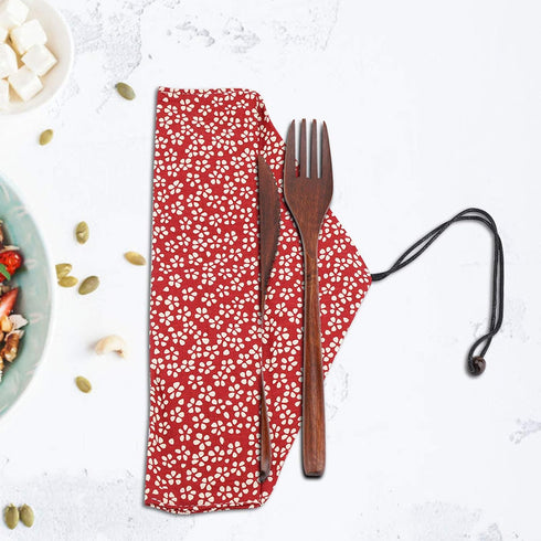 Japanese Reusable Wooden Dinnerware Set Knife Fork Spoon Tableware Kit And Wood Flatware Set Utensil For Travel Lunch Work Picnic (Red Cherry Bag ...