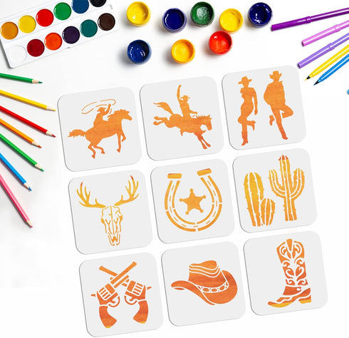 9PCS Cowboy Stencil 6×6inch Cowboy Boots and Hat Cactus Western Cowboy Cowgirl Stencil Reusable Hollow Out Drawing Template for DIY Projects, Pain...