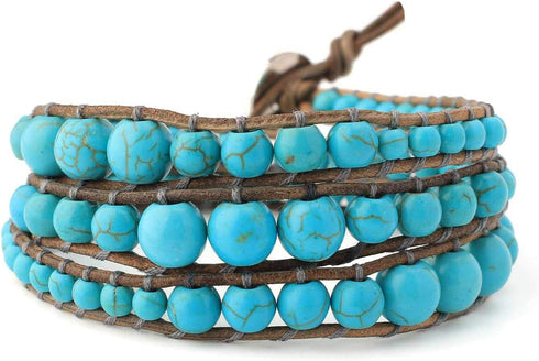 KELITCH Turquoise Mother of Pearl Silver Mix Beaded 3 Wrap Bracelet Handmade New Cuff Jewelry...