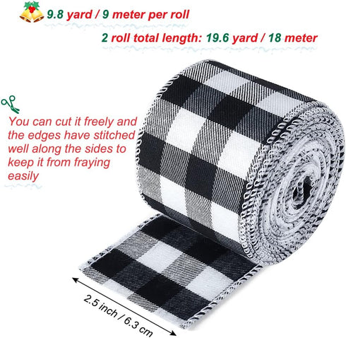 19.6 Yard 2.5 inch Wide Buffalo Plaid Ribbons Wired Edges, 2 Rolls Black and White Checkered Ribbon for Christmas Tree Gift Decorations...