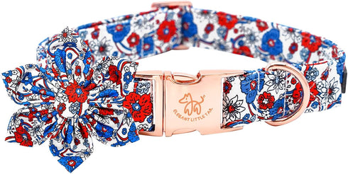 Elegant little tail Independence Day Dog Collar, Blue with Red Flower Dog Collars Holiday Dog Collar with Flower Pet Gift Adjustable Puppy Collar ...