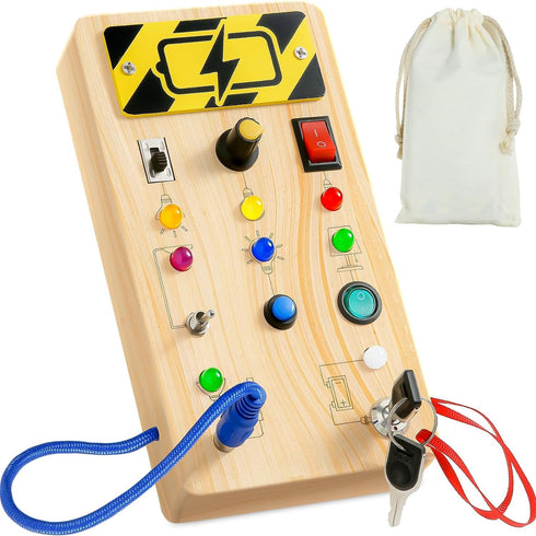 Montessori Busy Board with 8 LED Light Switches, Travel Toys for Toddlers 1 2 3 Year Old, Wooden Sensory Toy for Kids Boys Girls Gifts, Toddlers A...
