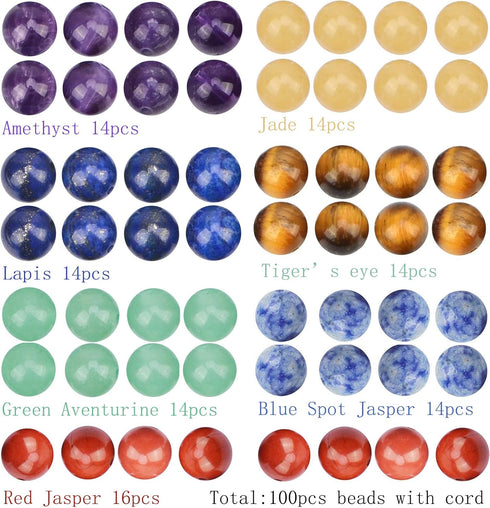 LPBeads 100PCS 8mm Round Natural Chakra Beads Gemstone Round Loose Beads for Jewelry Making with Crystal Stretch Cord...