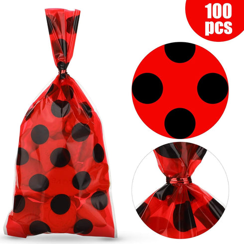 Zonon Ladybug Party candy bag Red Treat Goodie Bags birthday favor Reception Bag Household Tie Silk Bags with Red Twist Ties for Party Favors (100...