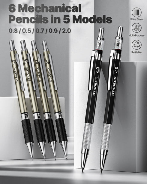 6PCS Art Mechanical Pencil Set, Drafting Pencil 5 Sizes- 0.3, 0.5, 0.7, 0.9MM & 2PCS 2.0MM Mechanical Drawing Pencils with 492PCS Leads (HB 2H 2B ...
