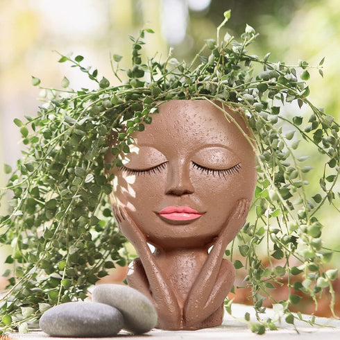 AIMEBBY Face Flower Pot Head Planter Pot Succulent Planter Cute Resin Cactus Planter with Drainage Hole Closed Eyes,Black...