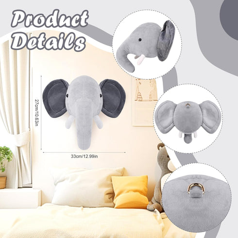 Stuffed Elephant Head Wall Mount, Woodland Theme Kids Room Decor and Nursery Decor, Adorable Stuffed Animals Head Gifts for Kids, Animals Themed P...