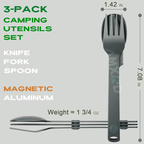 Magnetic Camping Utensils Set, Portable & Reusable Metal Travel Flatware, Outdoor Backpacking Cutlery Set, Knife, Fork & Spoon, 3-PACK, Gray...