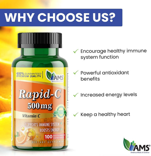 America Medic & Science Rapid-C 500mg Vitamin C Supplement (3 Pack of 100 Tablets) Energy Booster, Daily Immune System Support, Antioxidant | Vega...