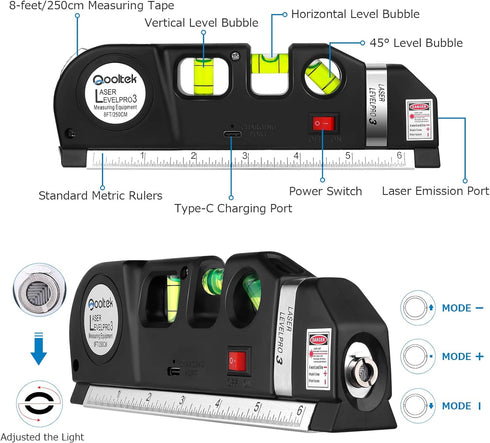 Laser Level line tool, Qooltek Multipurpose Cross Line Laser Adjusted Standard and Metric Rulers for hanging picture with Metal Tripod Stand and R...