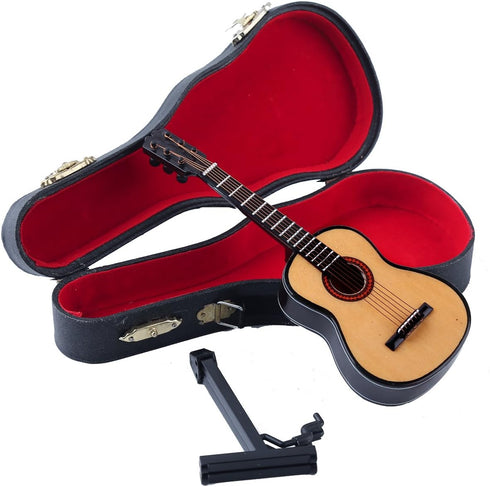 Dselvgvu Wooden Miniature Guitar with Stand and Case Mini Musical Instrument Miniature Dollhouse Model Home Decoration (6.51"x2.28"x0.89")...