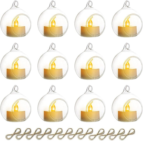 NUPTIO Hanging Glass Globe with Candles: Set of 12 Tealight Candle Holders with LED Tea Lights - 2.36 inch Bulk Clear Votive Candleholders for Par...