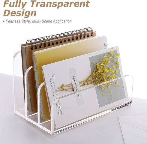 SANRUI Acrylic File Mail Desktop Organizer Sorters,3 Compartments Laddered Clear Desk Letter Organizer Office Document Sorter,Multifunction Envelo...