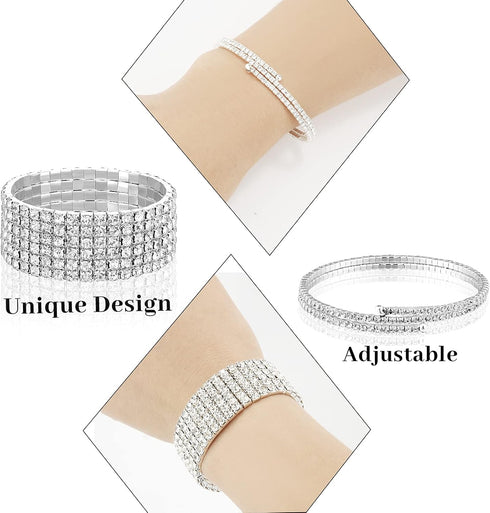 MTLEE 6 Pieces Women Crystal Jewelry Set Rhinestone Layered Choker Necklaces Long Tassel Necklaces Crystal Bracelet Cuff Bangles Diamond Tassel Da...