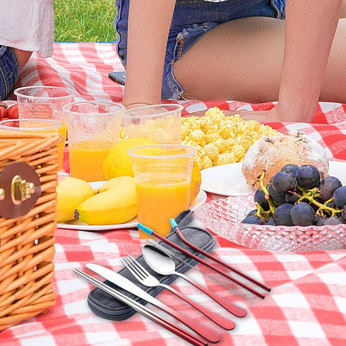 Travel Utensils Set with Case Reusable Portable Cutlery Set Stainless Steel 8pcs Including Dinner Knife Fork Spoon Chopsticks straws (Gradient Red...