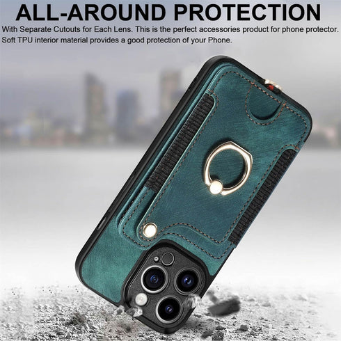 JanCalm iPhone 13 Pro Leather Flip Case, Card Holder, RFID-Blocking, Magnetic, Ring Holder (Green)...