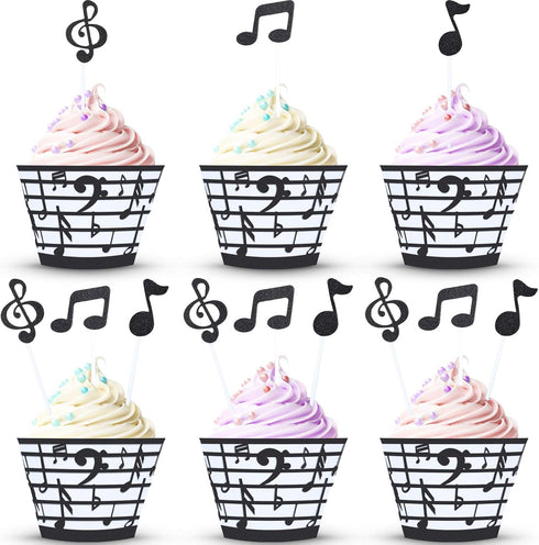 48 Pieces Music Note Cupcake Toppers and Wrappers Musical Symbol Lace Cupcake Liners Paper Baking Cup and Food Picks Toothpicks for Birthday Cake ...