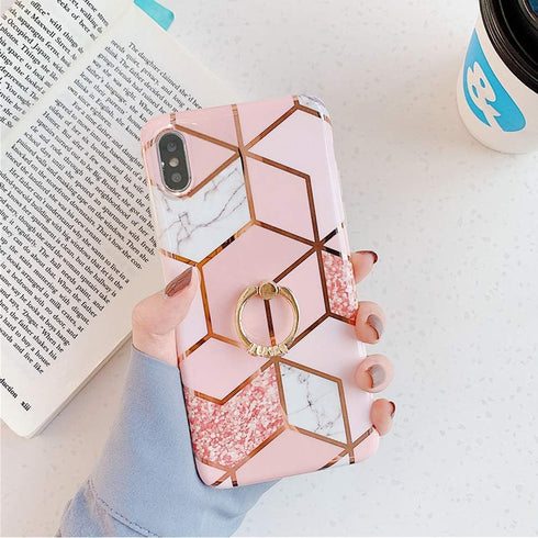 Qokey Compatible for iPhone X/iPhone Xs Case 5.8 inch,Marble Cute Fashion for Women Girls with 360 Degree Rotating Ring Kickstand Soft TPU Shockpr...
