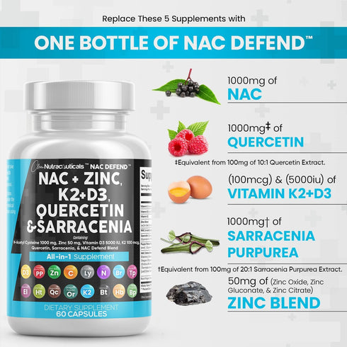 Clean Nutraceuticals NAC Supplement N-Acetyl Cysteine 1000mg Vitamin D3 K2 Zinc Quercetin 1000mg Sarracenia Purpurea 1000mg with Elderberry Holy B...