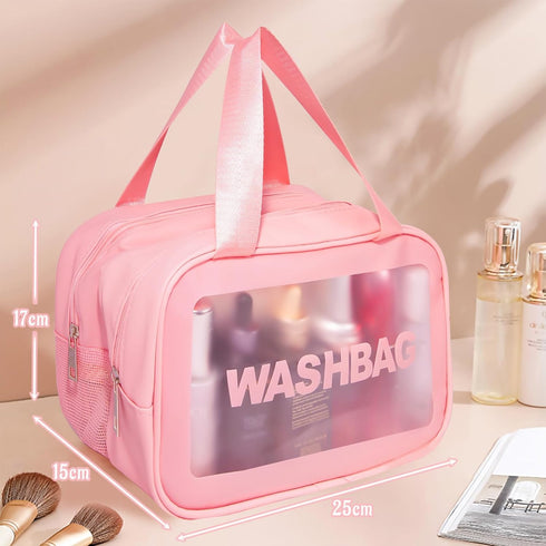 Travel Makeup Bag, Clear Toiletry Bag for Women, Cosmetic Bag with Wet& Dry Dividers, Large Make Up Bag Waterproof, Ideal Gifts (PU-Pink)...