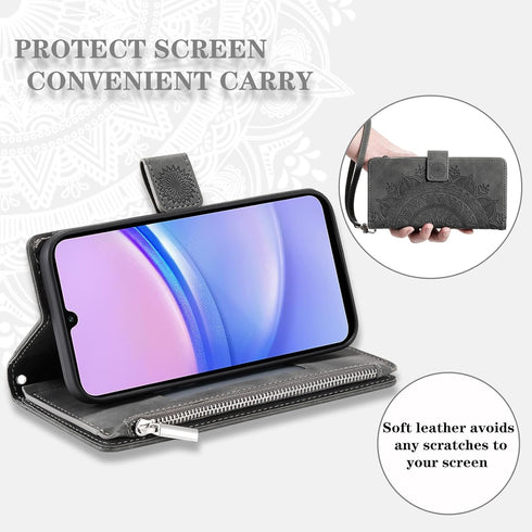 Asuwish Phone Case for Samsung Galaxy A15 5G Wallet Cover with Tempered Glass Screen Protector and Wrist Strap Mandala Flower Flip Zipper Credit C...