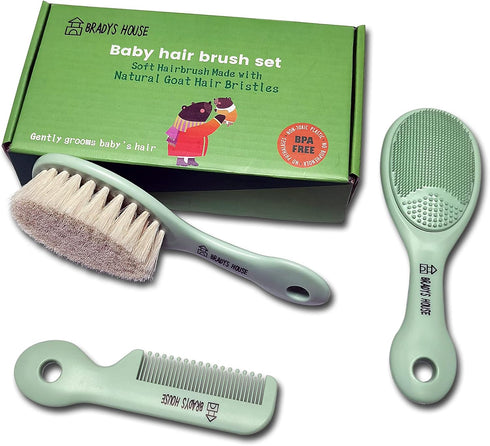 3 Piece Baby Hair Brush & Comb Set for Newborns- Soft Goat Bristle Hair-Brush, Silicone Bath Brush and Plastic Comb for Infant, Toddler, Kids - Ba...