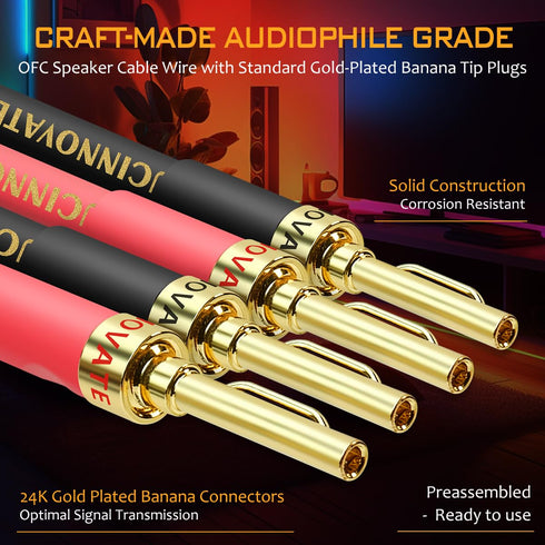 2 Pack 14 AWG OFC Speaker Cable with Pin Banana Plugs, Craft-made HiFi 1.5m/4.9Ft White Square Speaker Wire With Gold-plated Banana Plugs, Speaker...