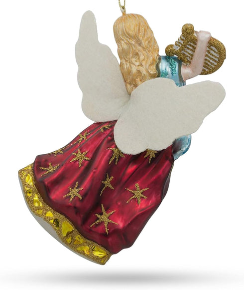 Angel Playing Music on Harp Blown Glass Christmas Ornament...