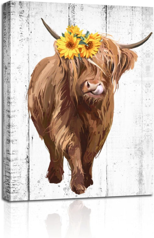 Sunflower Highland Cow Wall Art: Funny Farm Animal Canvas Picture Painting, Rustic Farmhouse Artwork Decor Bathroom Decoration, Cute Brown Cattle ...