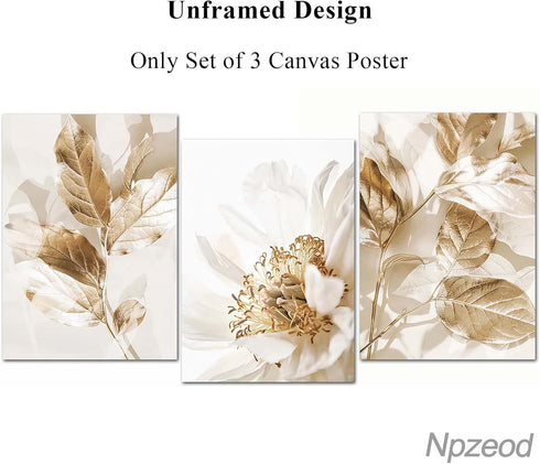 Abstract Golden White Flower Leaves Wall Art Posters Nordic Beige Canvas Painting, Modern Plant Landscape Prints Picture for Living Room Home Deco...