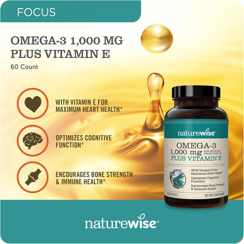 NatureWise Extra-Strength Omega 3 Fish Oil Supplement - 1000mg per Serving - 600 EPA & 400 DHA and Vitamin E - Support for Heart & Brain Health - ...