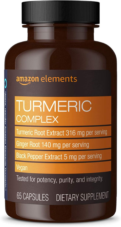 Amazon Elements Turmeric Complex, 316 mg Curcumin, 140 mg Ginger, 5 mg Black Pepper - Joint & Immune System, Healthy Inflammation Response - 65 Ca...