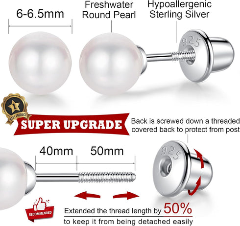 Freshwater Pearl Earrings with Screw Back for Women 925 Sterling Silver Sensitive Genuine 6mm White Real Round Cultured Pearls Stud Everyday Earri...