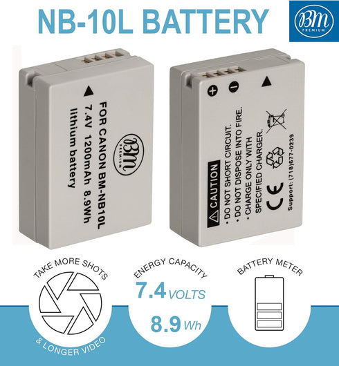 BM Premium (2 Pack NB-10L Battery for Canon PowerShot G1 X, G3-X, G15, G16, SX40 HS, SX50 HS, SX60 HS Digital Camera...