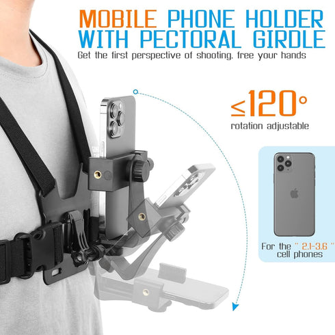 Mobile Phone Chest Mount Harness Strap Cell Phone Holder Mount for Video Recording Bike/Kayak/Fishing/Skateboard POV/VLOG for iPhone/Samsung for G...