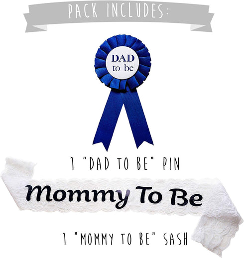 Mommy To Be White Lace Sash and Dad To Be Pin Pack - Baby Shower Decorations, Welcome Baby, Baby Sprinkle...