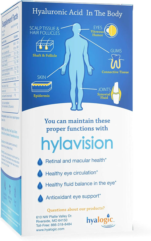 Hyalogic HylaVision Eye Health Supplement - Hyaluronic Acid, Lutein and Zeaxanthin Supplements – Contains Eye Vitamins A, C, E, and Zinc – Soothe ...