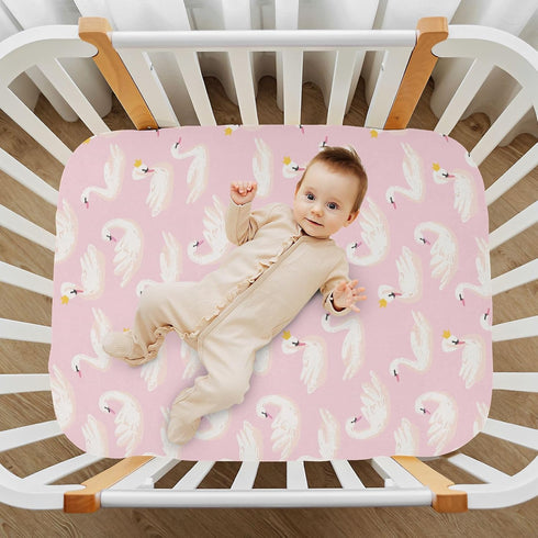 Fitted Crib Sheets Pink Cute Swan Animals Stretchy Portable Playard Sheets for Baby Toddler, Breathable Soft Mini Crib Mattress 39 x 27 in for Boy...