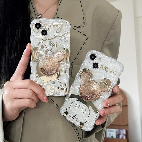 Cartoon Case for iPhone 13 Pro Max, Cute Mickey Mouse Shinny Gold Plating Curly Wave Frame with Quicksand Cell Phone Holder Strap for Woman Girls ...