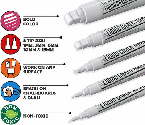 Kassa 5-Pack White Chalk Markers | Includes 1mm, 3mm, 6mm, 10mm & 15mm Tips | Works on Chalkboards, Windows & Glass | Erasable, Dust-Free & Washab...