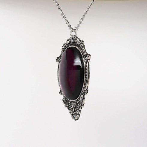 Purple Cabochon in Antiqued Silver Finish Pewter Frame Pendant Necklace...