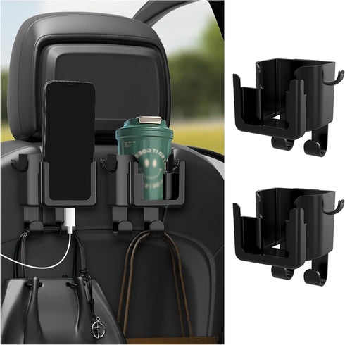 2PCS Multifunctional Car Cup Holder + Car Phone Holder + Car Purse Hook,Hanging Back Seat Car Organizer with Headrest Hooks,Universal Car Organize...