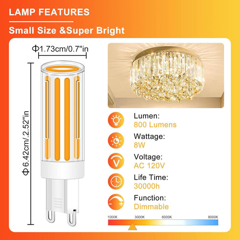 G9 LED Bulb Dimmable,75W 80W Halogen Equivalent, Warm White 2700K 8W 800LM T4 COB G9 Base LED Bulb Bi Pin Base Chandelier Lighting, No-Flicker 360...