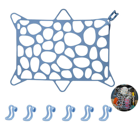 REVEX Dishwasher Net, 9.8"x14.5" Silicone Dishwasher Net For Small Items, 6 Adjustable Hooks to Cover Plastic Bowls,Baby Bottle and Cups to Avoid Tipping Over, Suitable for All Dishwashers (Blue)