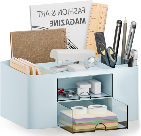 Desk Organizer with 2 Drawer, Multi-Functional Pencil Pen Holder for Desk, Plastic Desk Organizers and Storage with 5 Compartments, Desktop Organi...