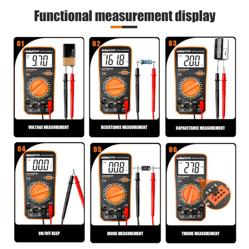 Ruoshui 9205D Digital Multimeter Voltage Tester Volt Meter - DC/AC Current Measurement | Large Screen Display | Overload Indication | Capacitance ...
